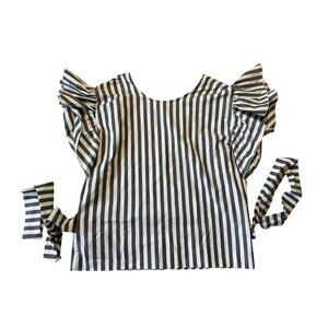 CHEPE ruffled sleeve blouse/shirt, small, Crisp Cotton Blend, White & Gray strip
